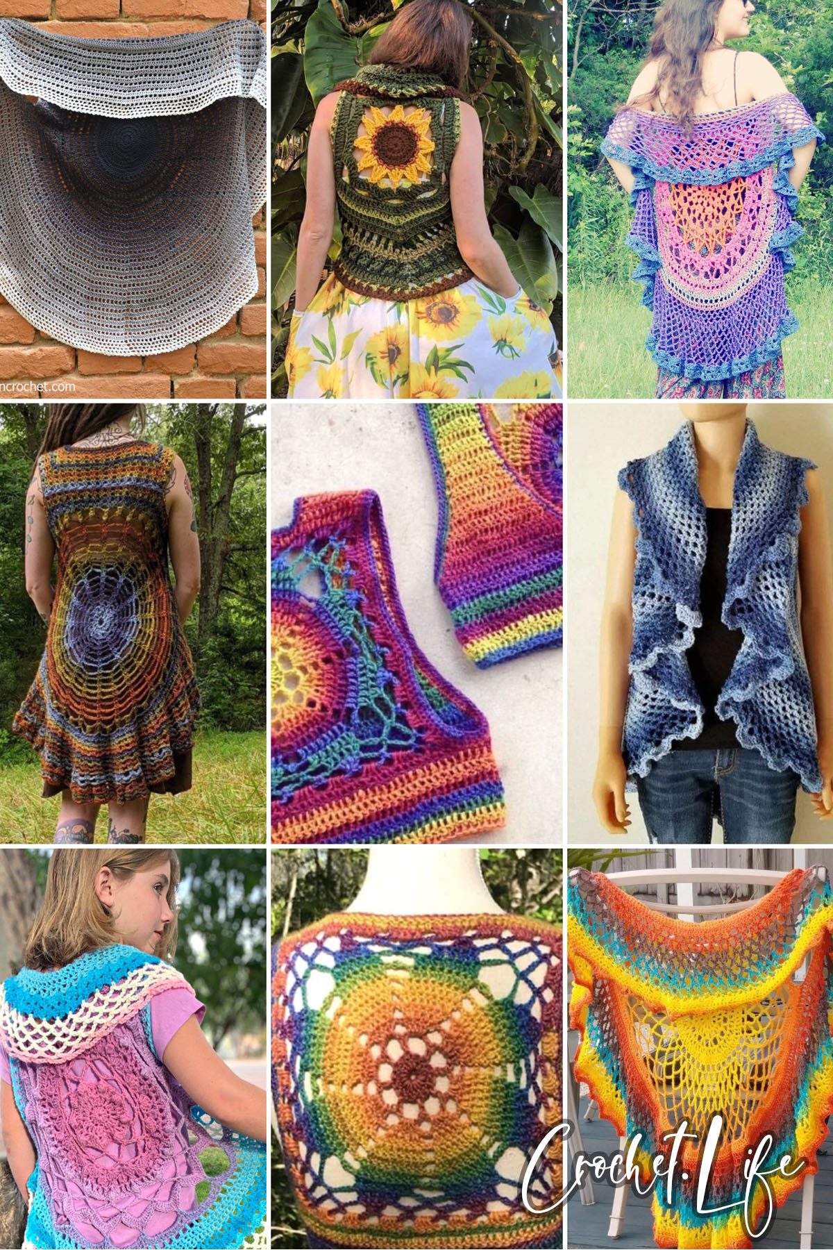 photo collage of crochet mandala vest patterns