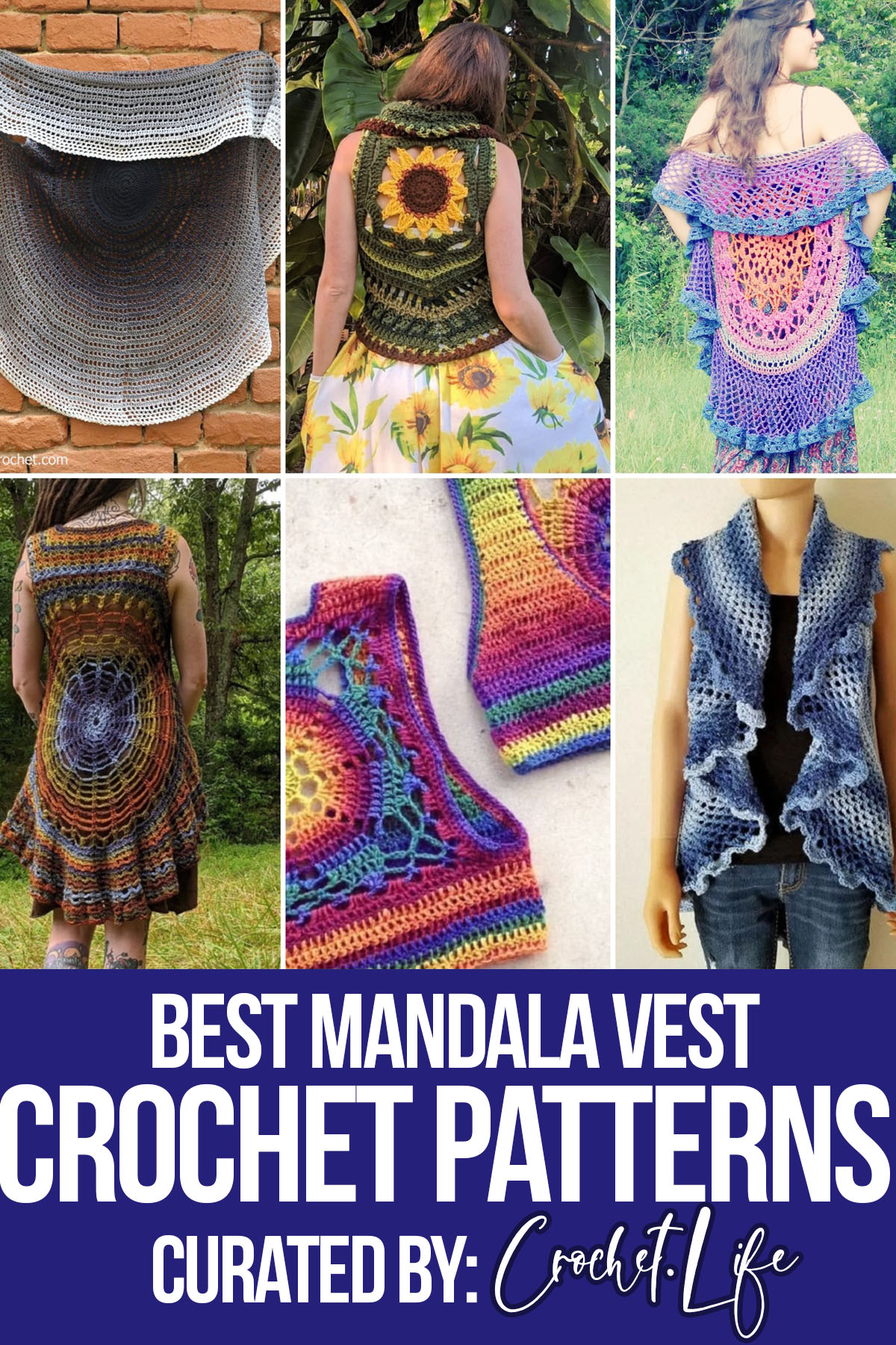 photo collage of crochet patterns for mandala vests with text which reads best mandala vest crochet patterns curated by crochet.life