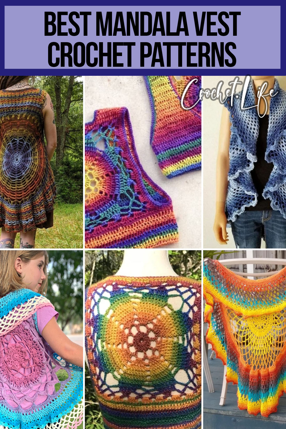 photo collage of crocheted mandala vest patterns with text which reads best mandala vest crochet patterns 