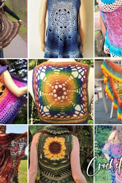 photo collage of mandala vest crochet patterns