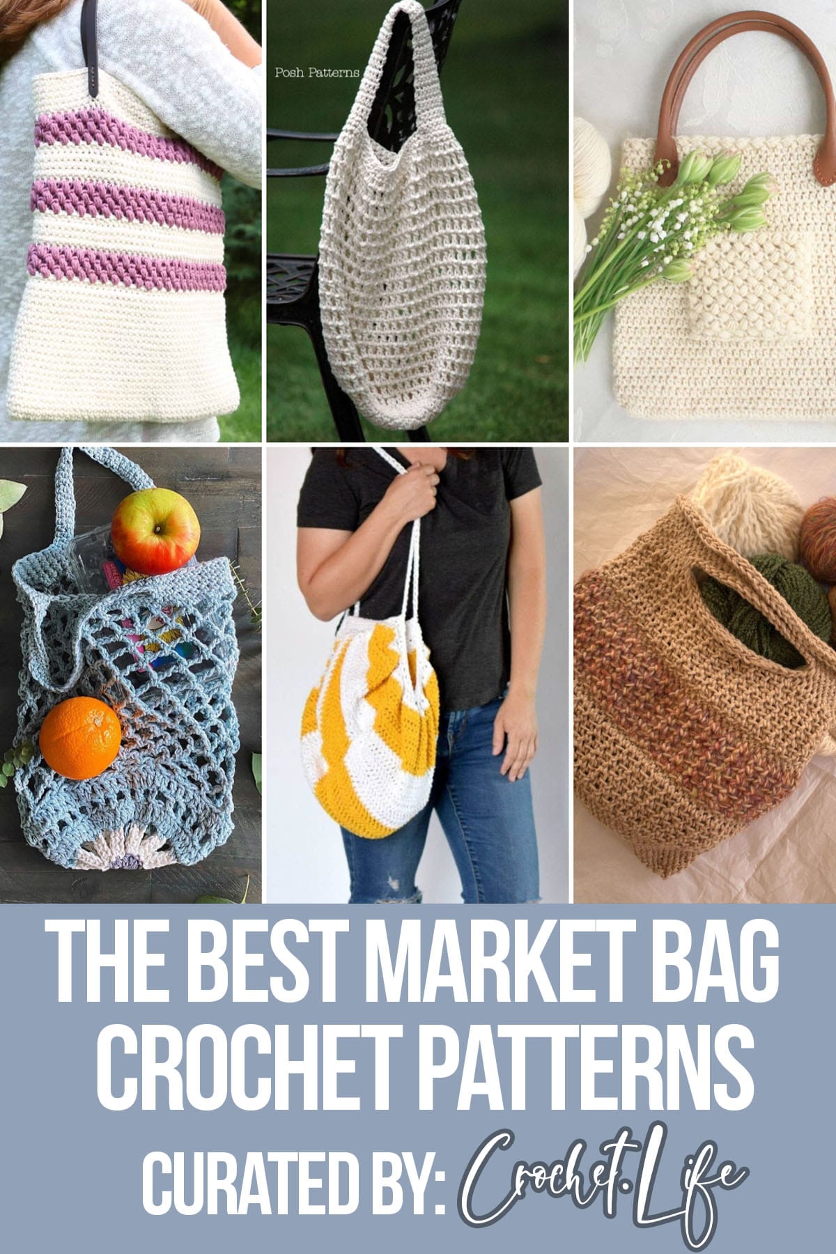 photo collage of tote bag crochet patterns with text which reads the best market bag crochet patterns curated by crochet.life