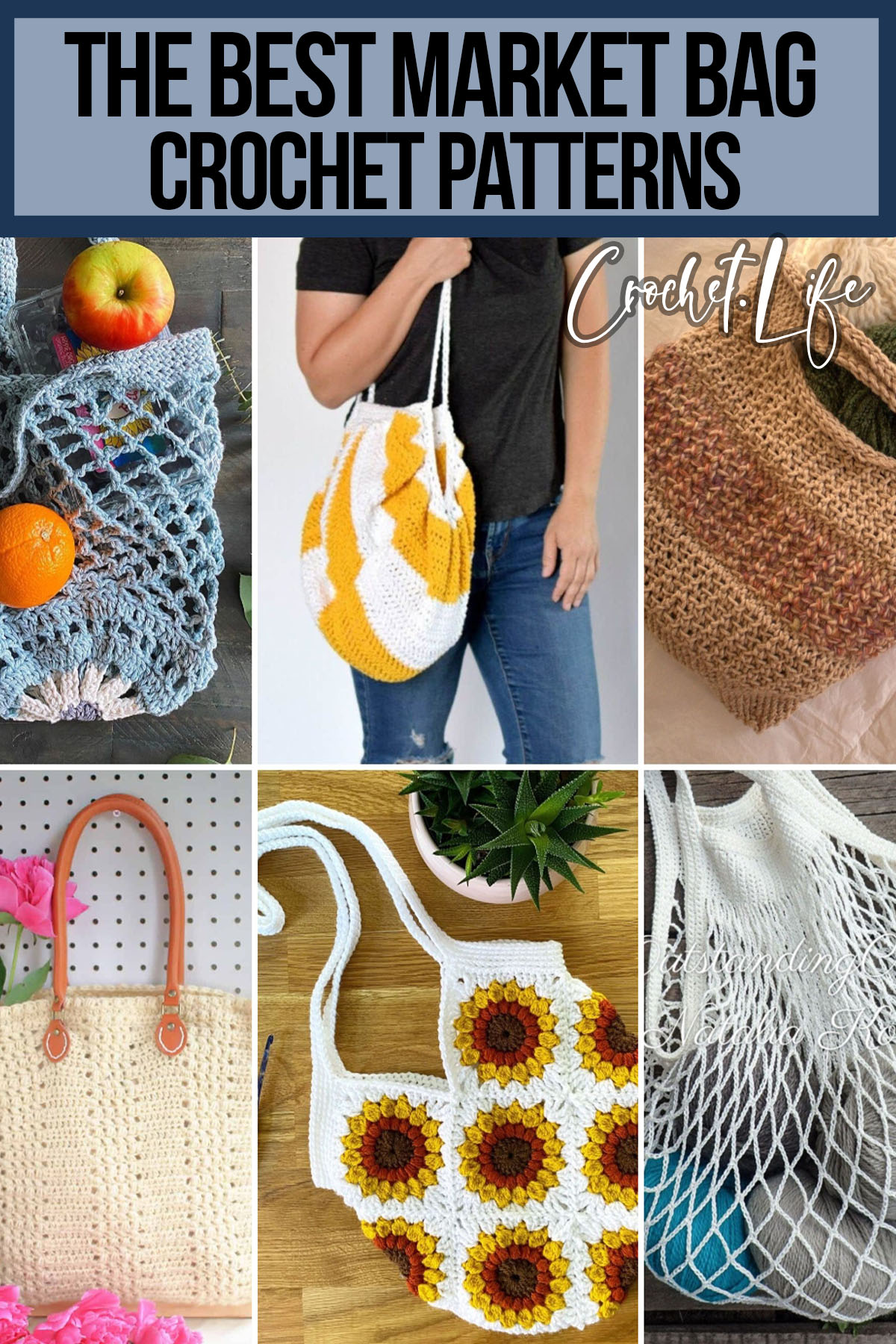 photo collage of crochet market bag patterns with text which reads the best market bag crochet patterns