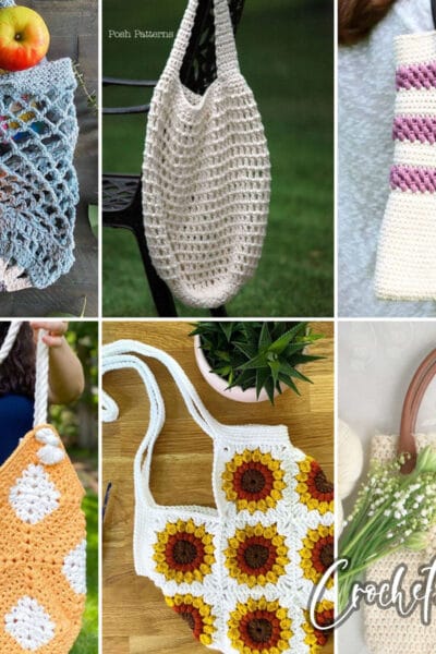 photo collage of market bag crochet patterns