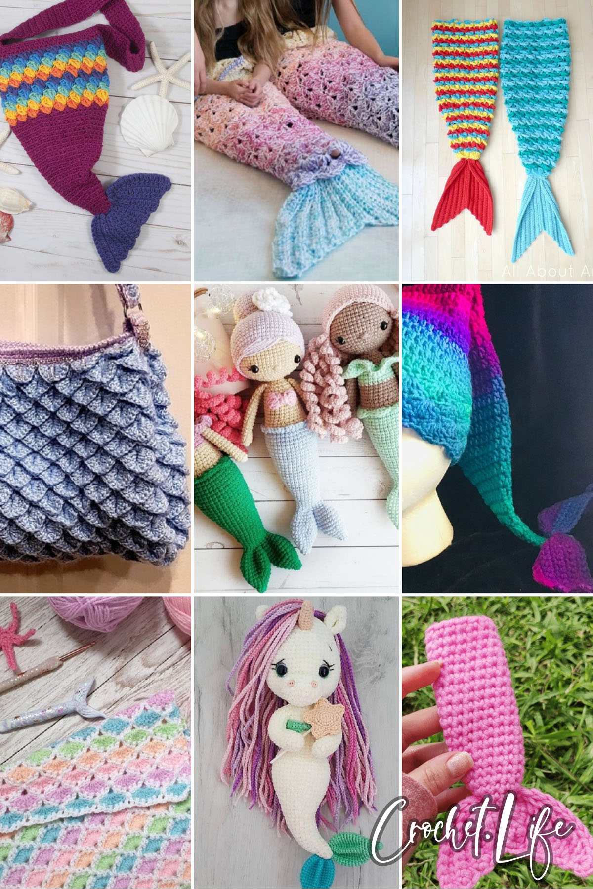 photo collage of crochet patterns of mermaid tails