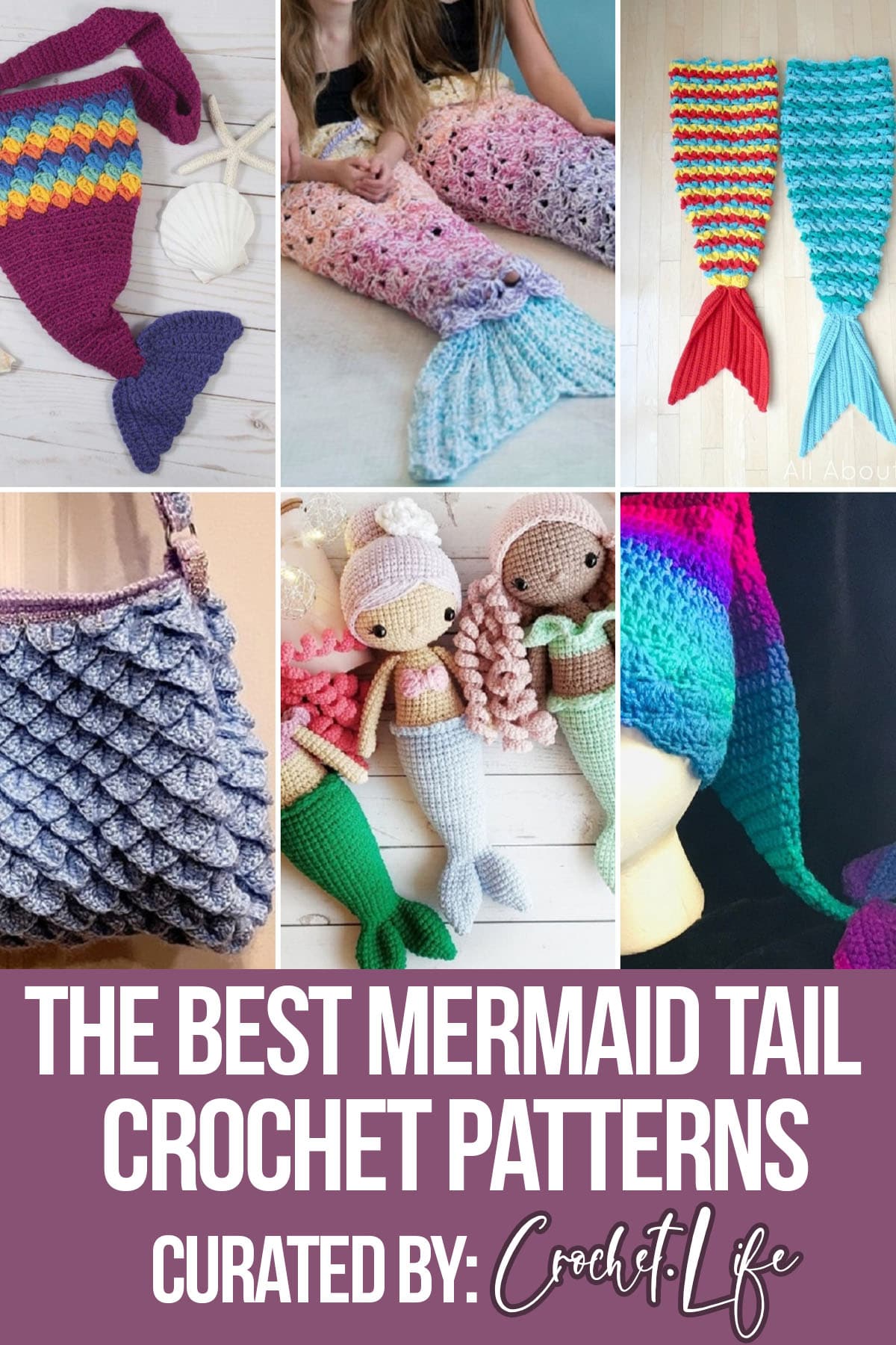 photo collage of mermaid crochet patterns with text which reads the best mermaid tail crochet patterns curated by crochet.life