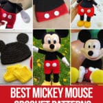 photo collage of crochet mickey patterns with text which reads best mickey mouse crochet patterns curated by crochet.life