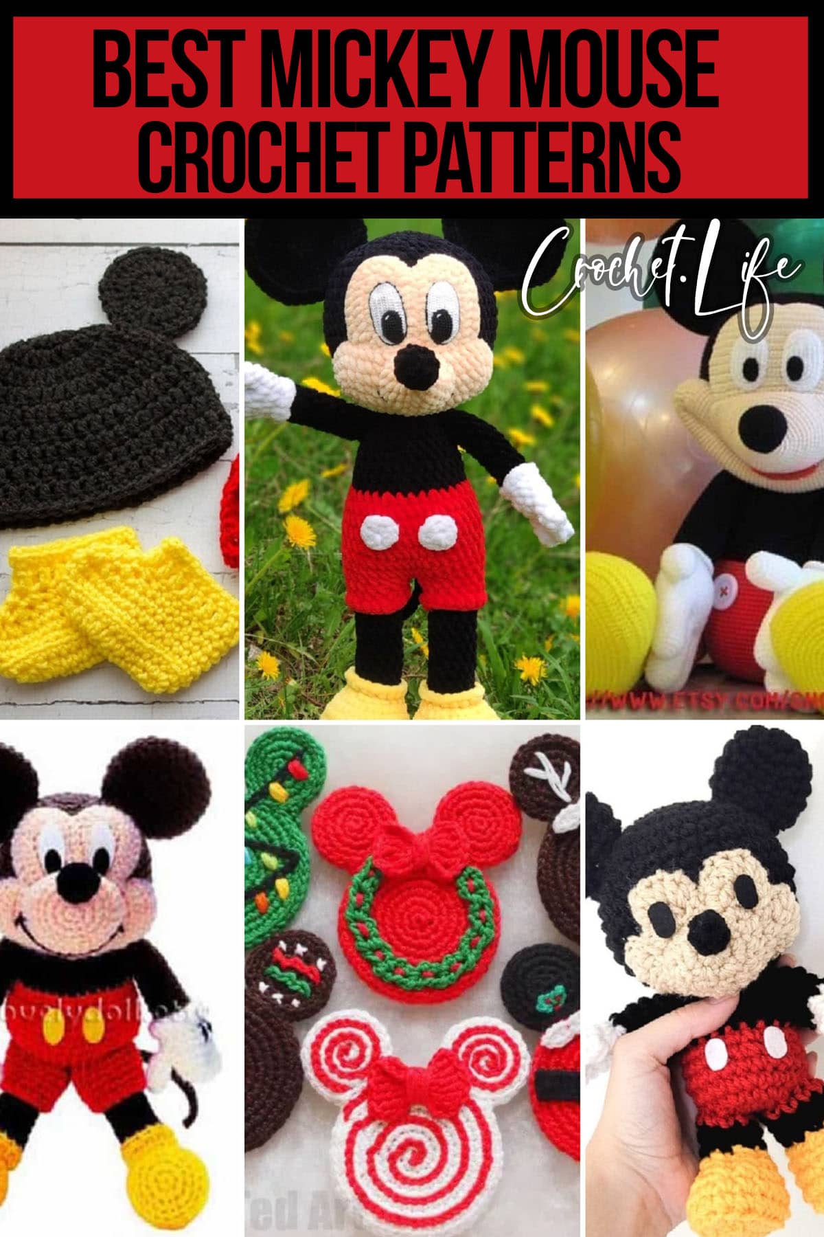 photo collage of crochet mickey mouse patterns with text which reads best mickey mouse crochet patterns