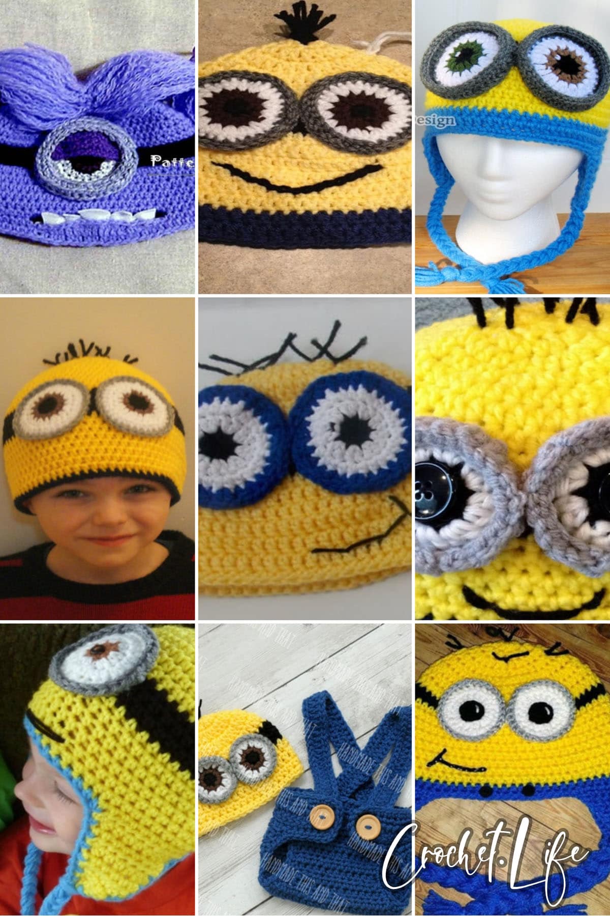 photo collage of crochet minion hat patterns 