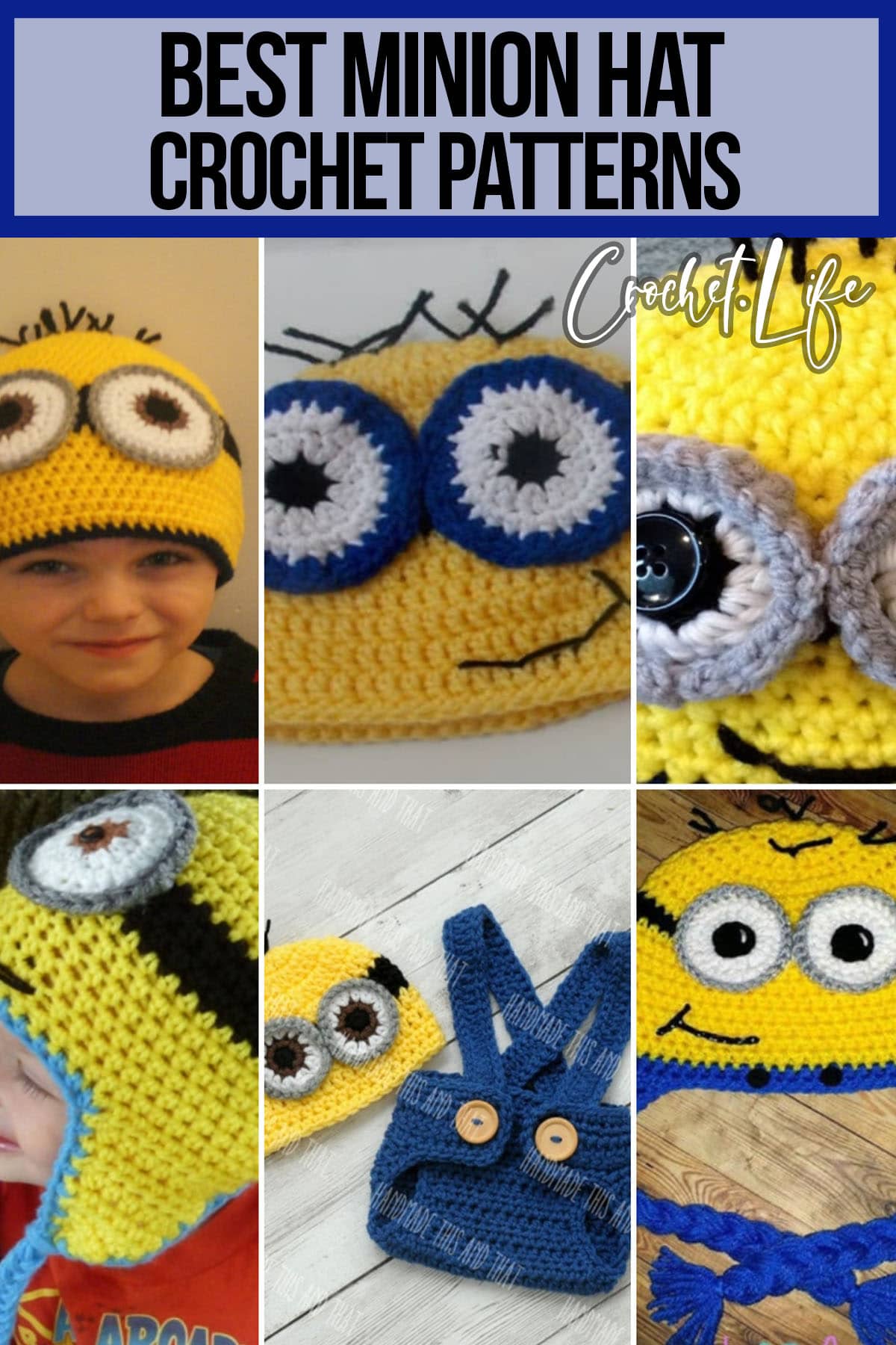 photo collage of minion crochet patterns with text which reads best minion hat crochet patterns