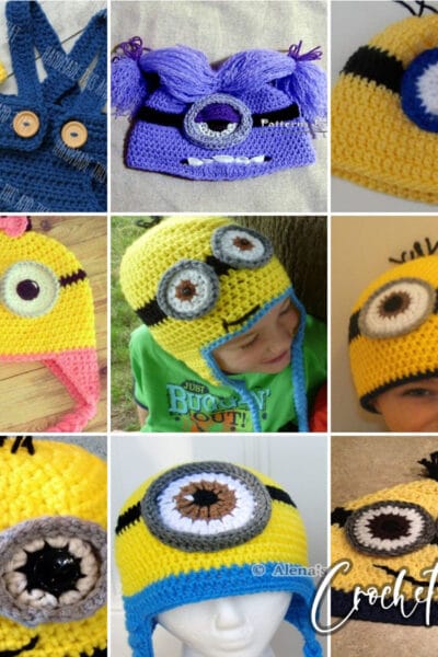 photo collage of minion hat crochet patterns