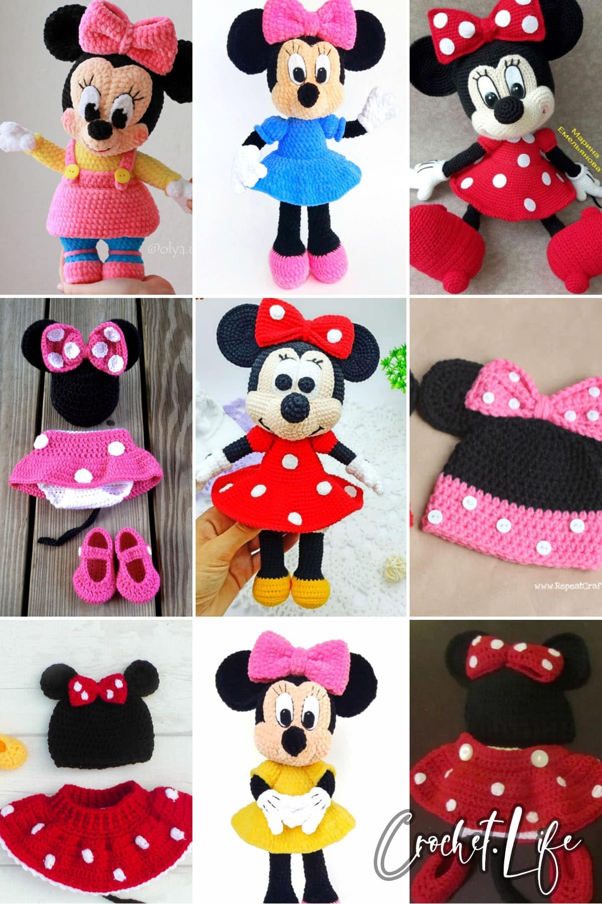 photo collage of crochet minnie mouse patterns