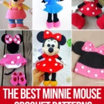 photo collage of minnie crochet patterns with text which reads the best minnie mouse crochet patterns curated by crochtet.life