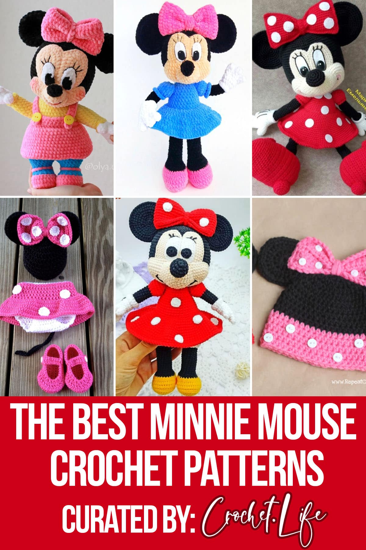 photo collage of minnie crochet patterns with text which reads the best minnie mouse crochet patterns curated by crochtet.life