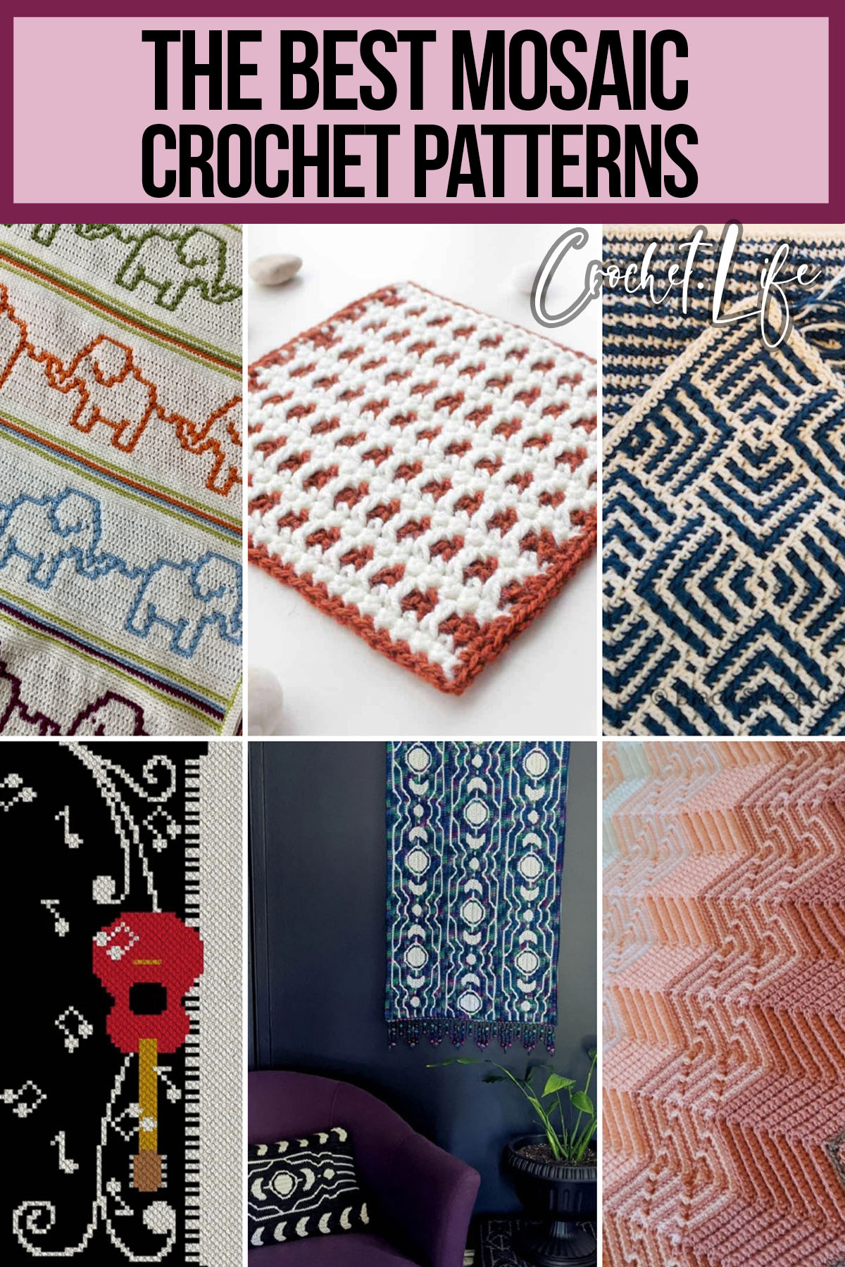 photo collage of crochet mosaic patterns with text which reads the best mosaic crochet patterns