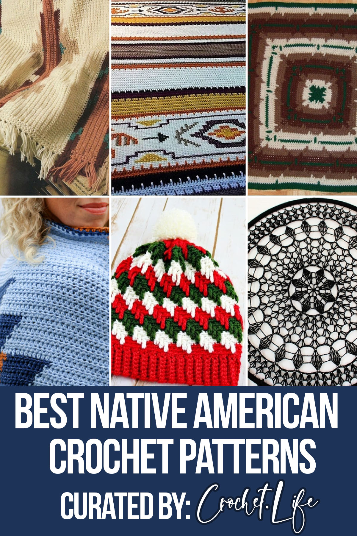 photo collage of crochet patterns of native american style ideas with text which reads best native american crochet patterns curated by crochet.life