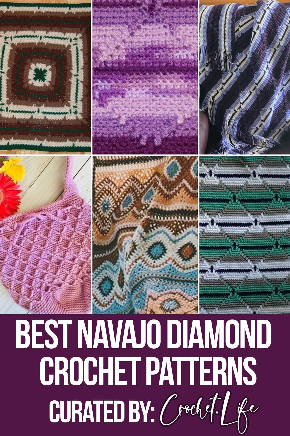 photo collage of crochet navajo diamond patterns with text which reads best navajo diamond crochet patterns curated crochet.life