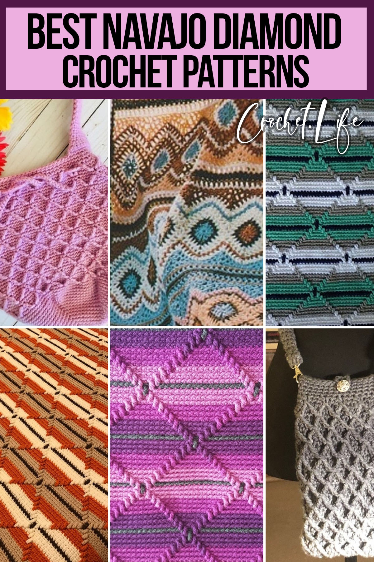 photo collage of crochet navajo patterns with text which reads best navajo diamond crochet patterns