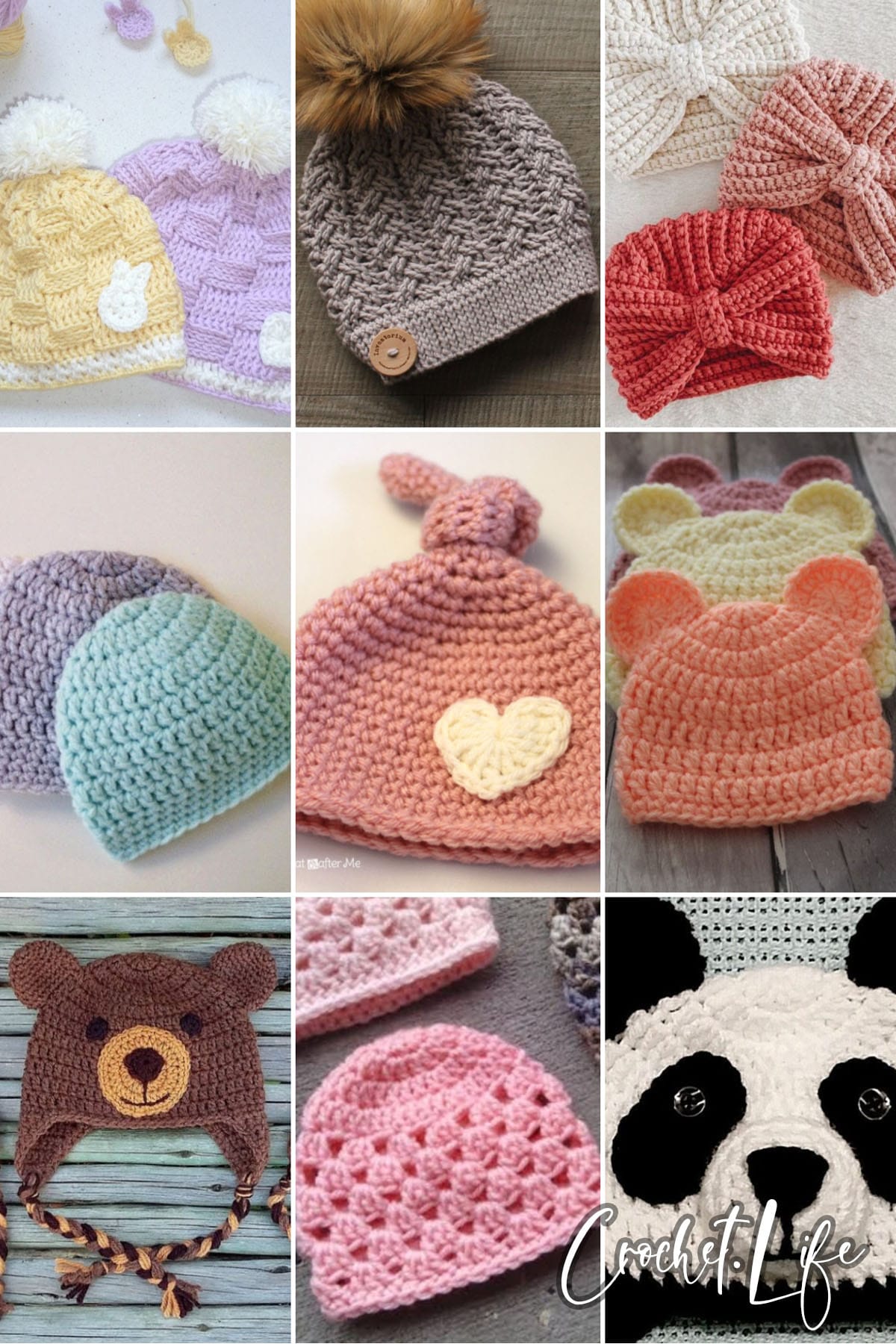 photo collage of newborn baby hat crochet patterns