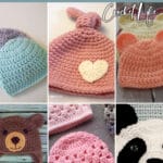 photo collage of crochet baby hat patterns with text which reads best newborn beanie crochet patterns