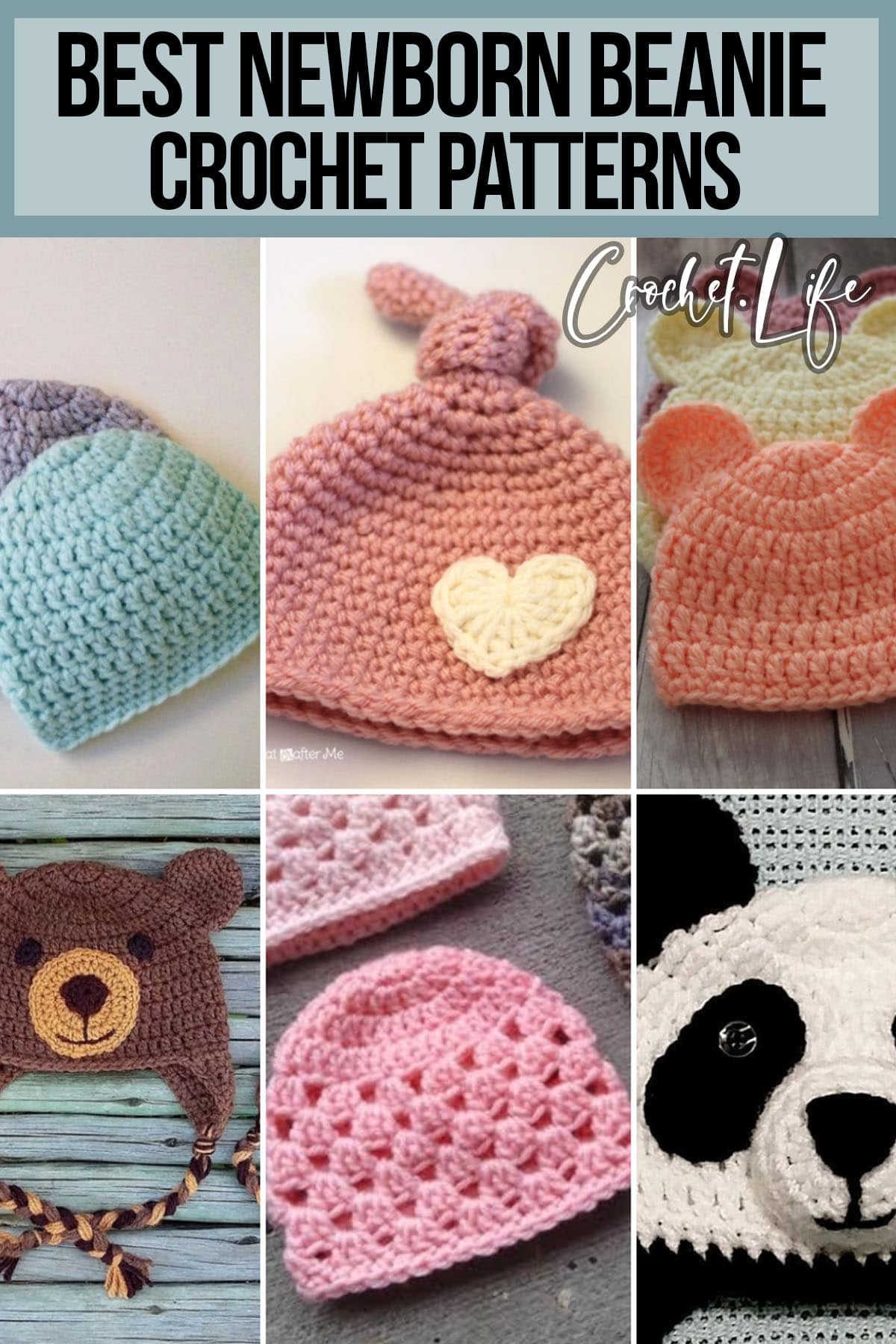 photo collage of crochet baby hat patterns with text which reads best newborn beanie crochet patterns