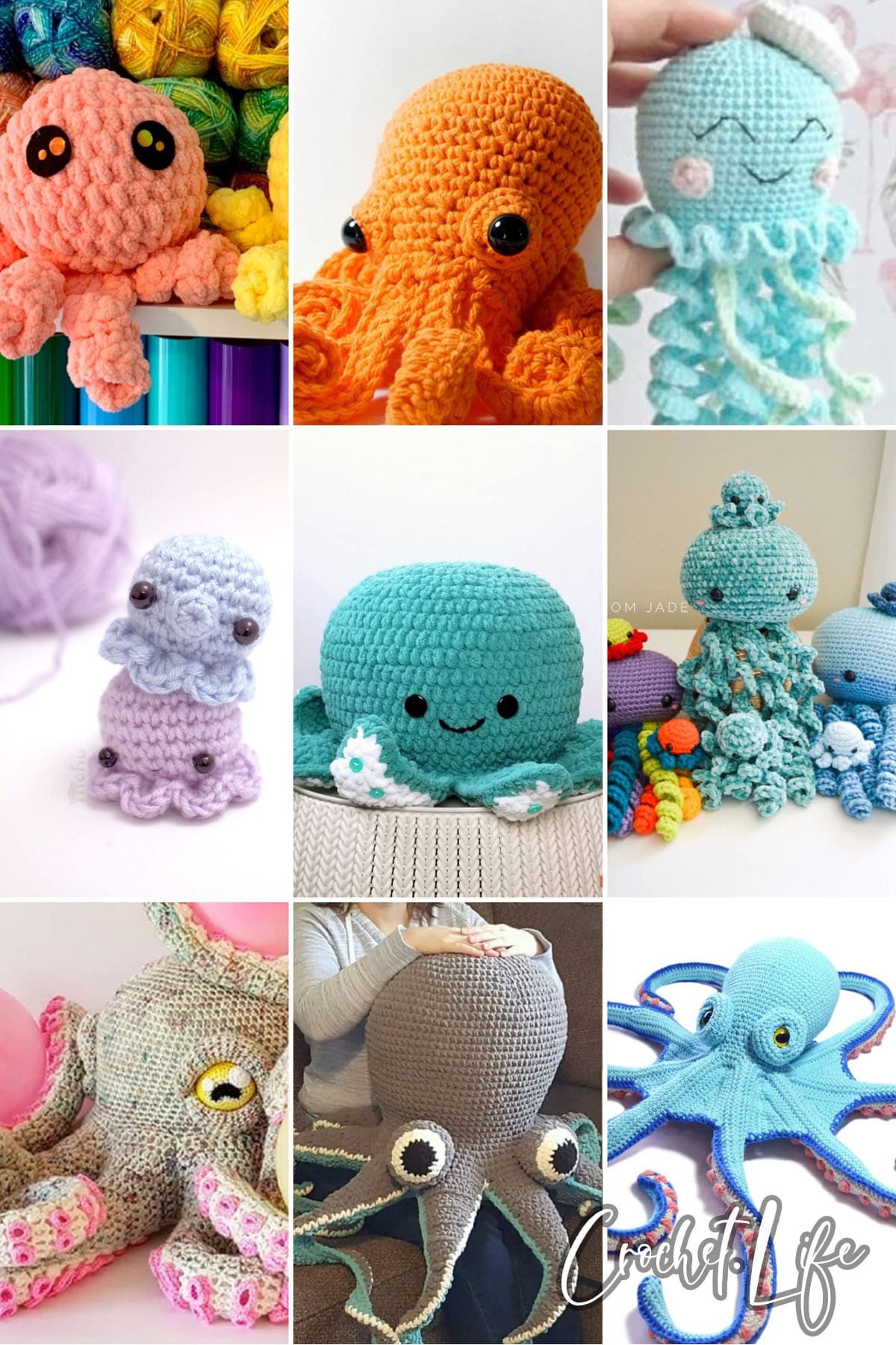 photo collage of crochet octopus patterns