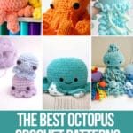 photo collage of patterns for crocheted octopus with text which reads the best octopus crochet patterns curated by crochet.life