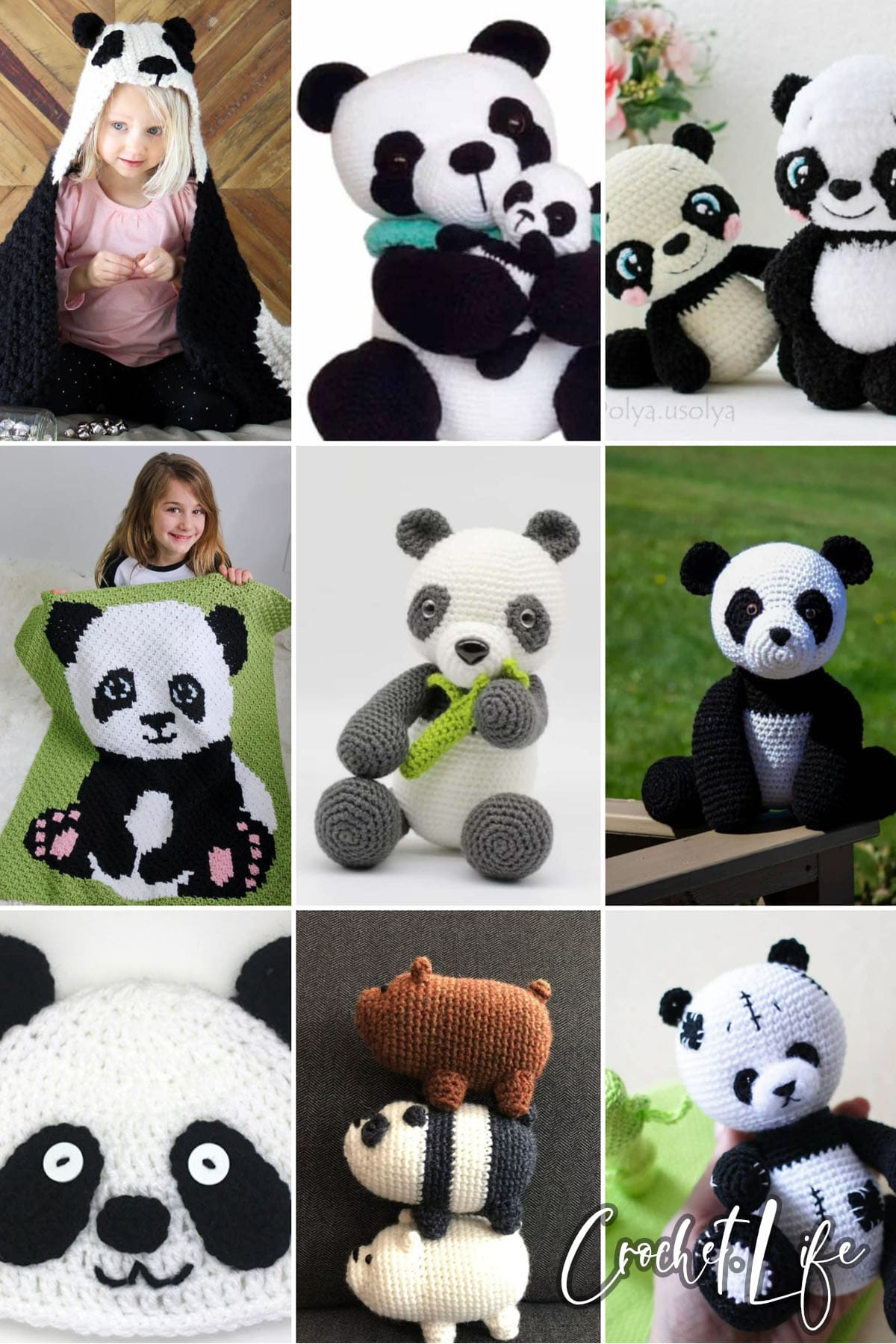 photo collage of crochet panda patterns 