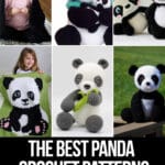 photo collage of crochet patterns of pandas with text which reads the best panda crochet patterns curated by crochet.life