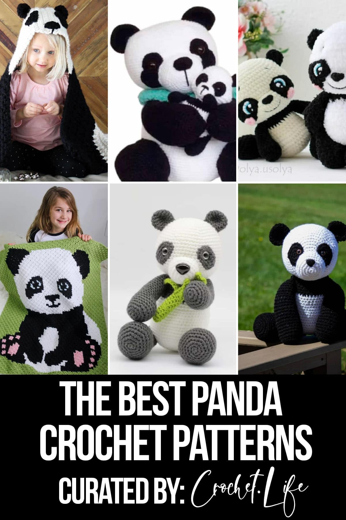photo collage of crochet patterns of pandas with text which reads the best panda crochet patterns curated by crochet.life 