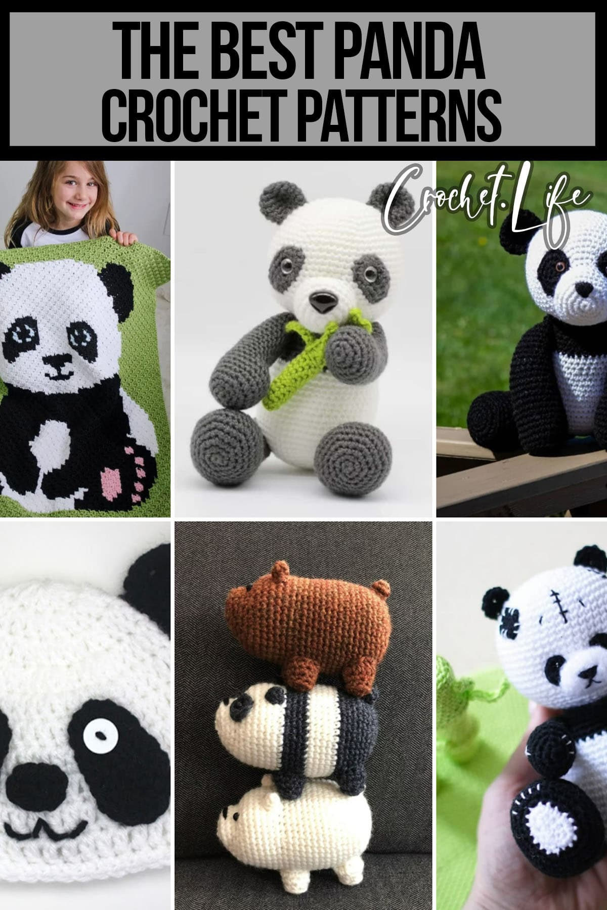 photo collage of patterns for crochet patterns with text which reads the best panda crochet patterns 