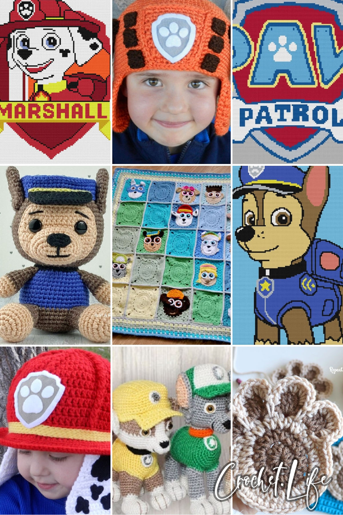 photo collage of crochet paw patrol patterns