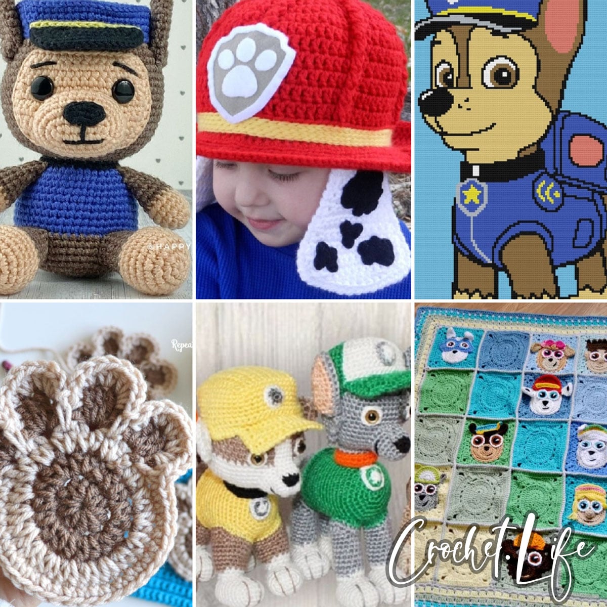photo collage of paw patrol crochet patterns