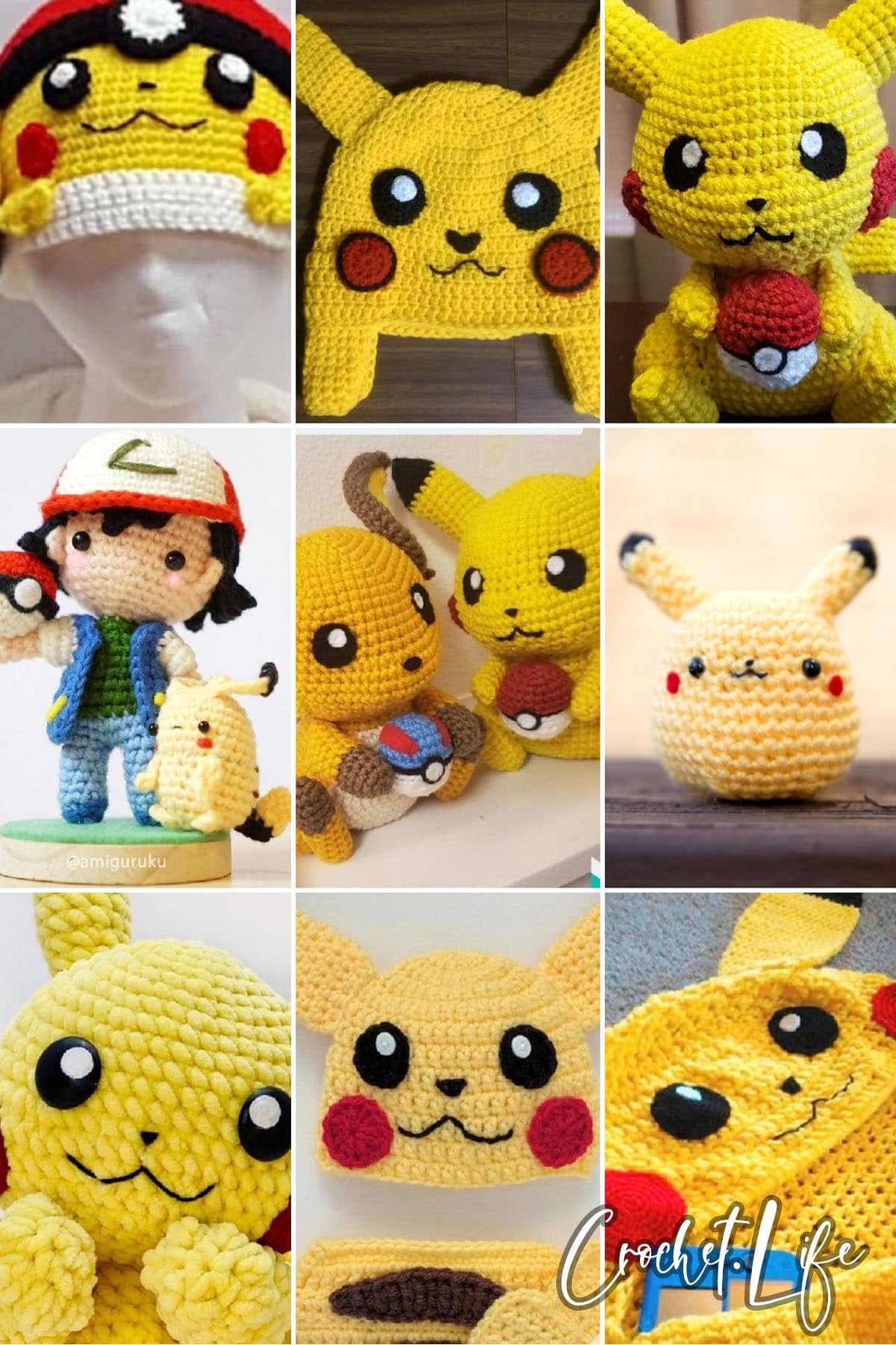 photo collage of crochet pikachu patterns 