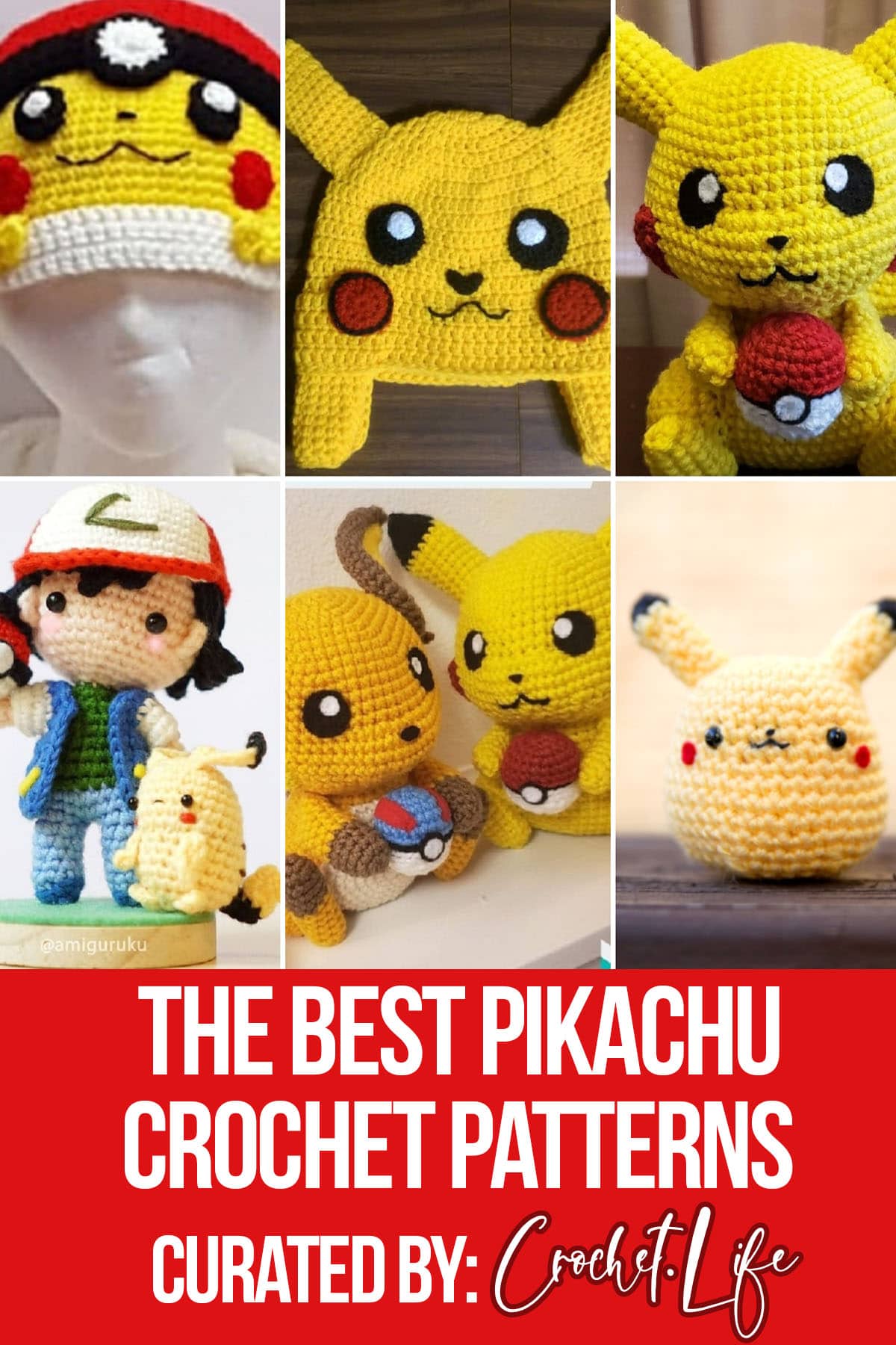 photo collage of crochet patterns of pikachu with text which reads the best pikachu crochet patterns curated by crochet.life