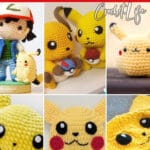photo collage of pikachu crochet patterns with text which reads the best pikachu crochet patterns