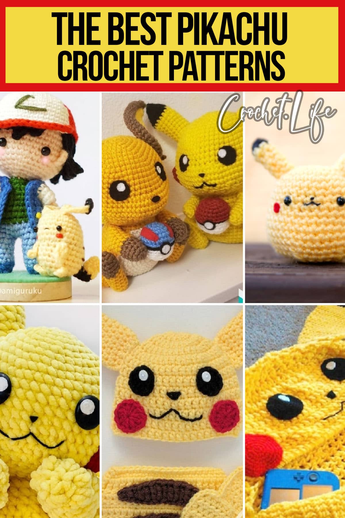 photo collage of pikachu crochet patterns with text which reads the best pikachu crochet patterns 