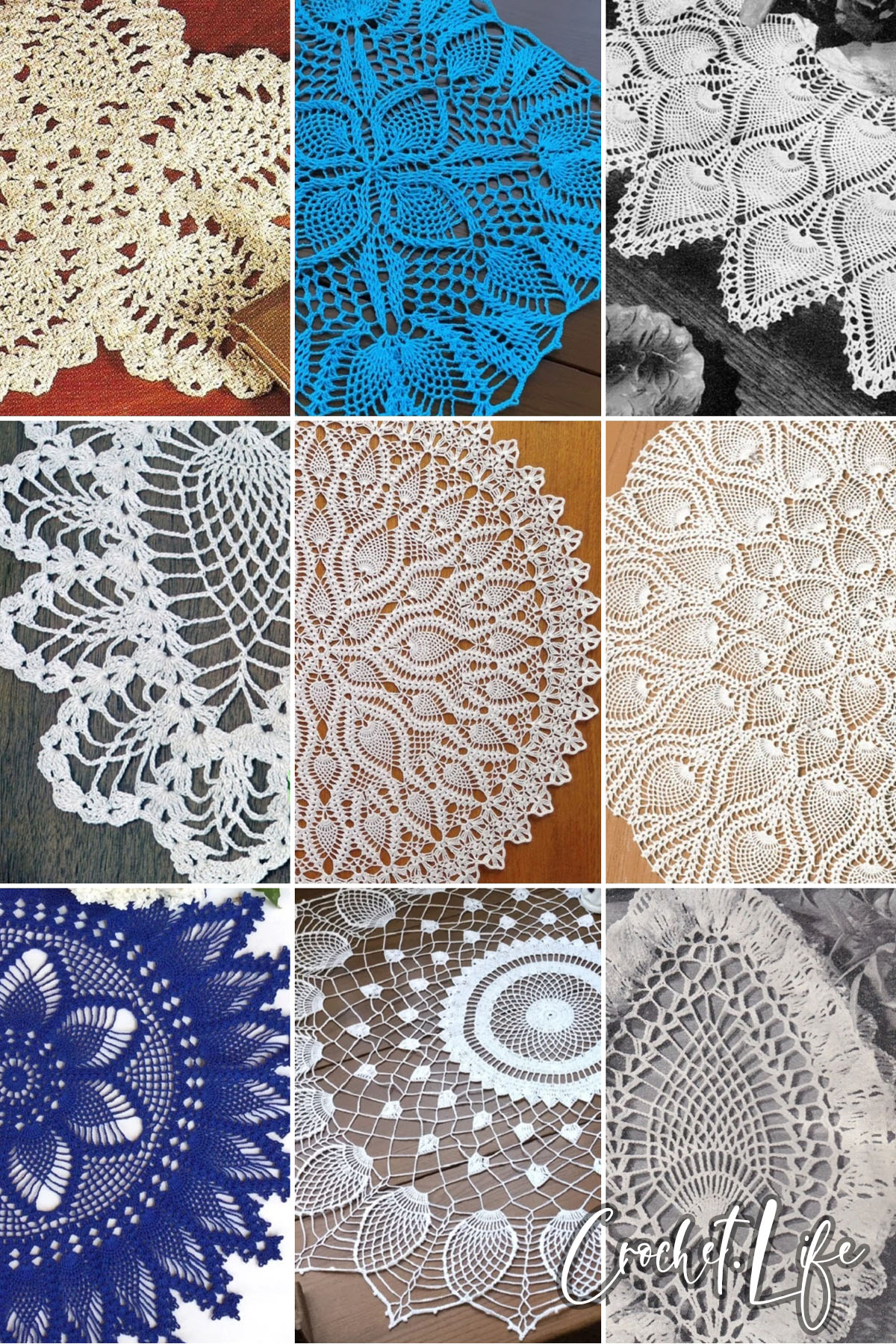 photo collage of crochet pineapple doily patterns
