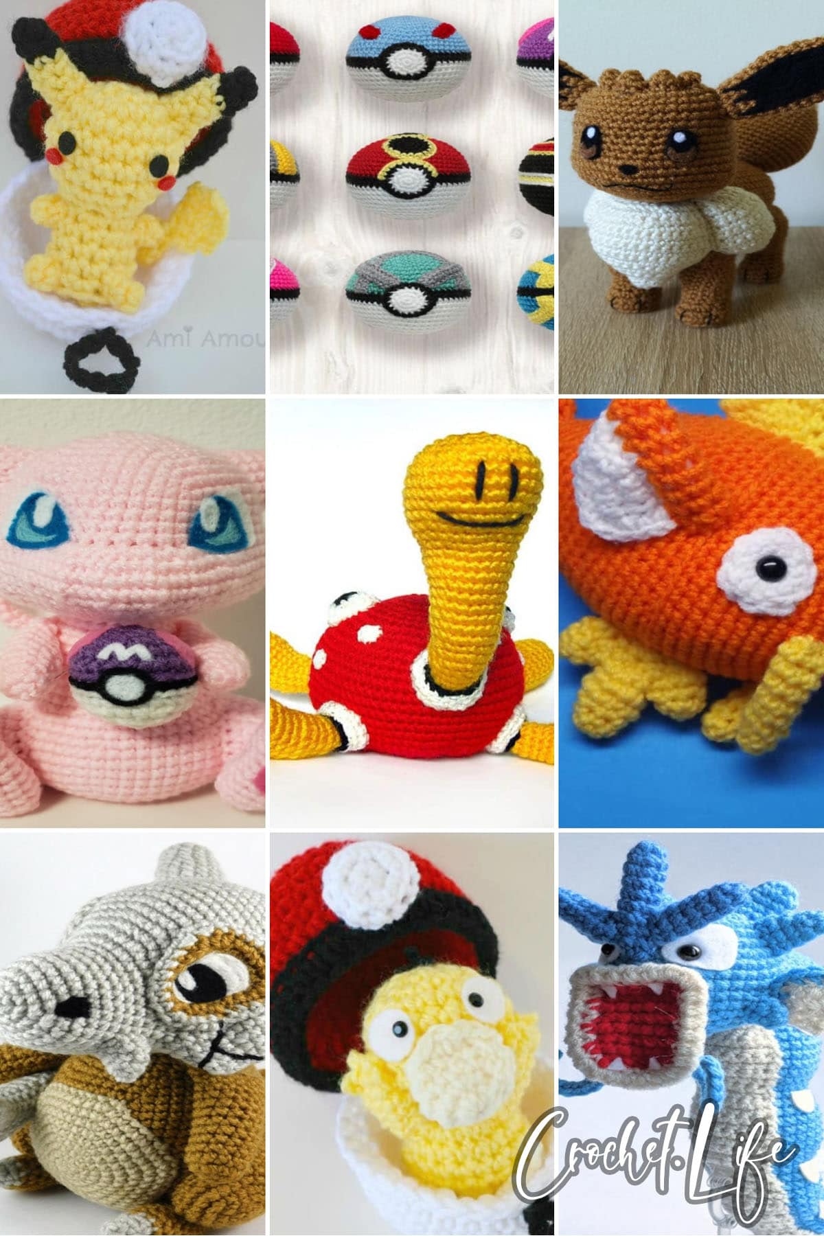 photo collage of crochet pokemon patterns