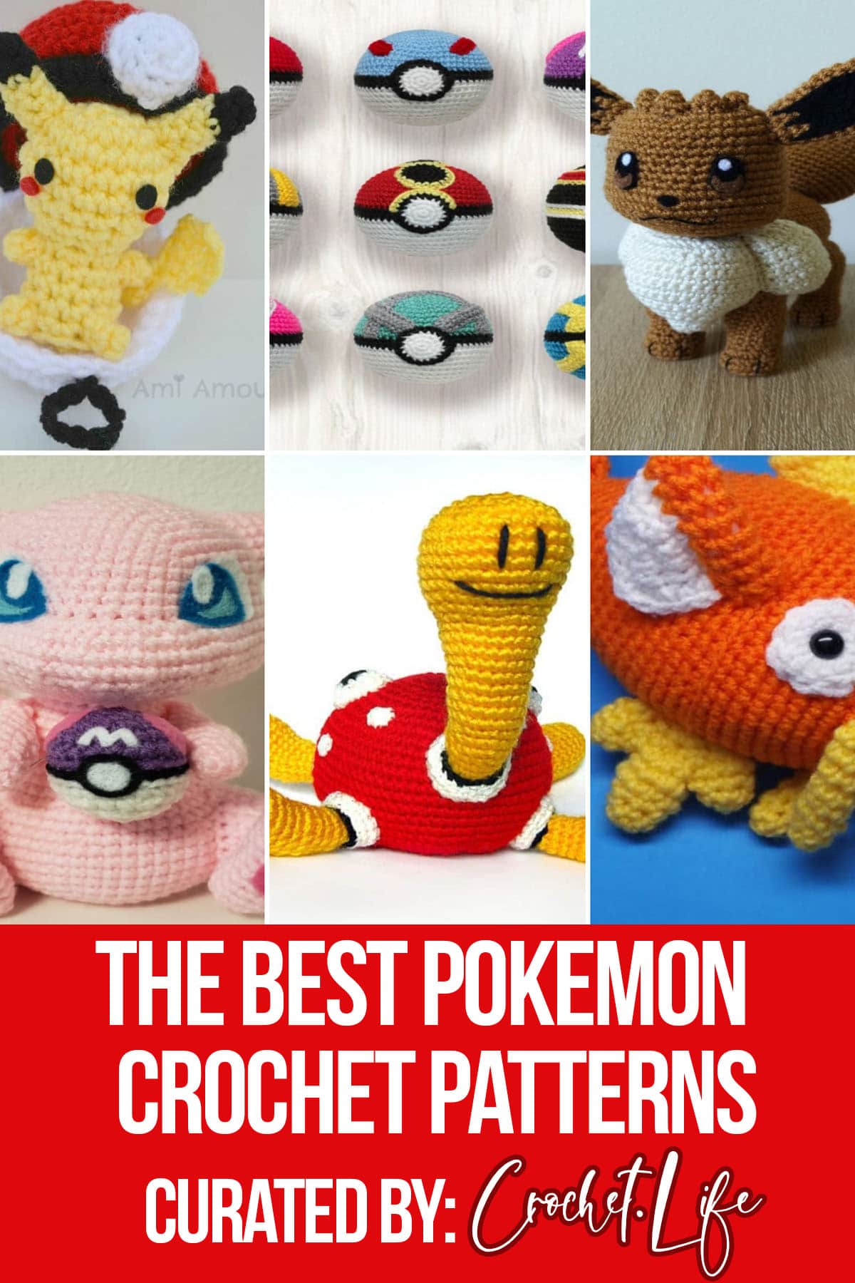 photo collage of crochet patterns for pokemon with text which reads the best pokemon crochet patterns curated by crochet.life