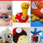 photo collage of crochet patterns for pokemon amiguri with text which reads the best pokemon crochet patterns