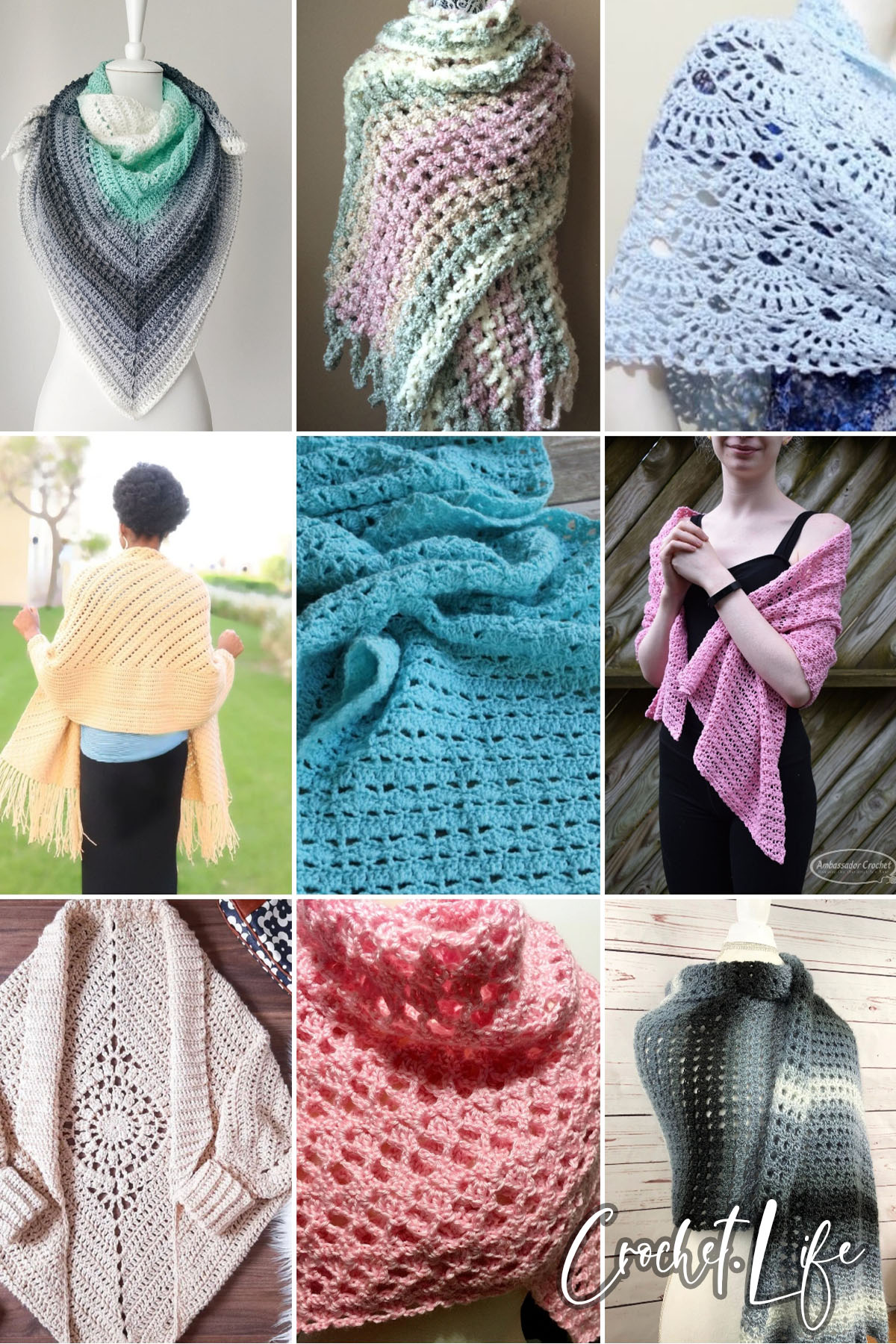 photo collage of crochet prayer shawl patterns 