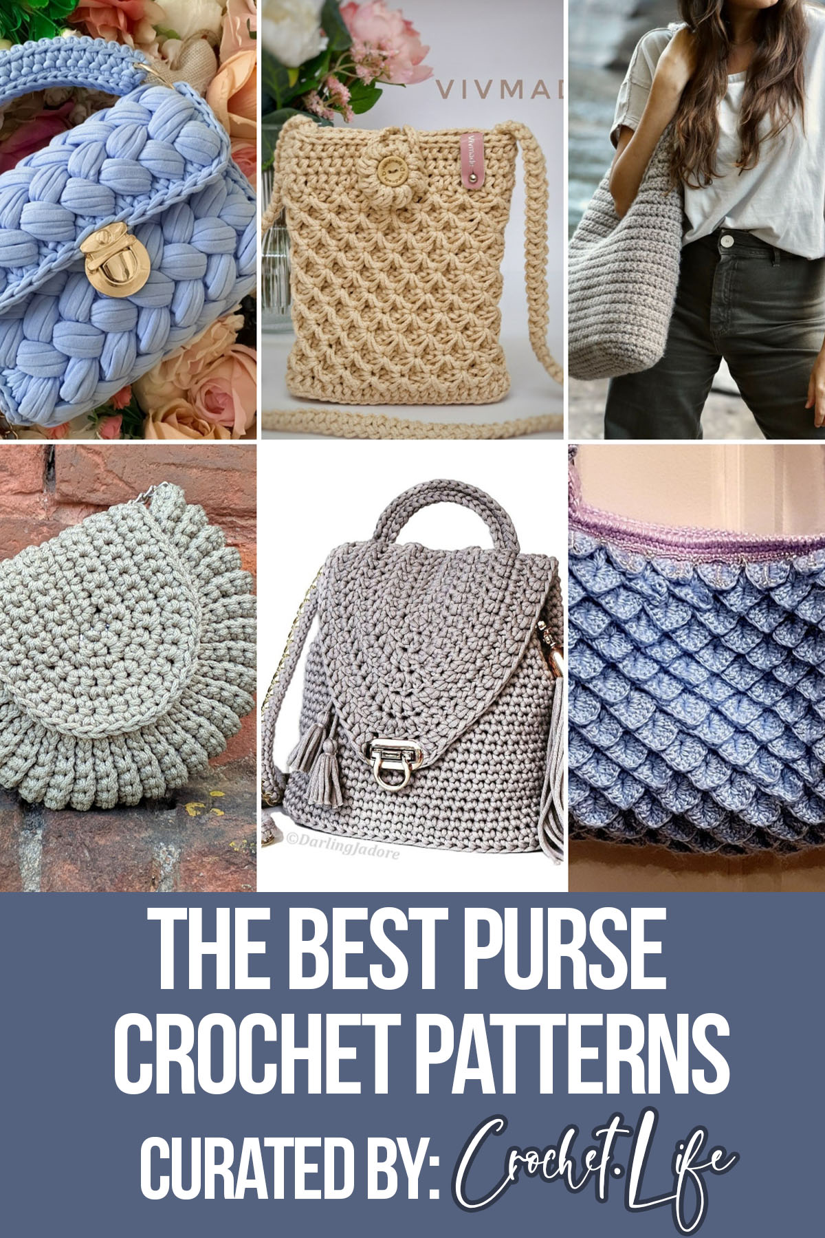 photo collage of crochet patterns for purses with text which reads the best purse crochet patterns curated by crochet.life