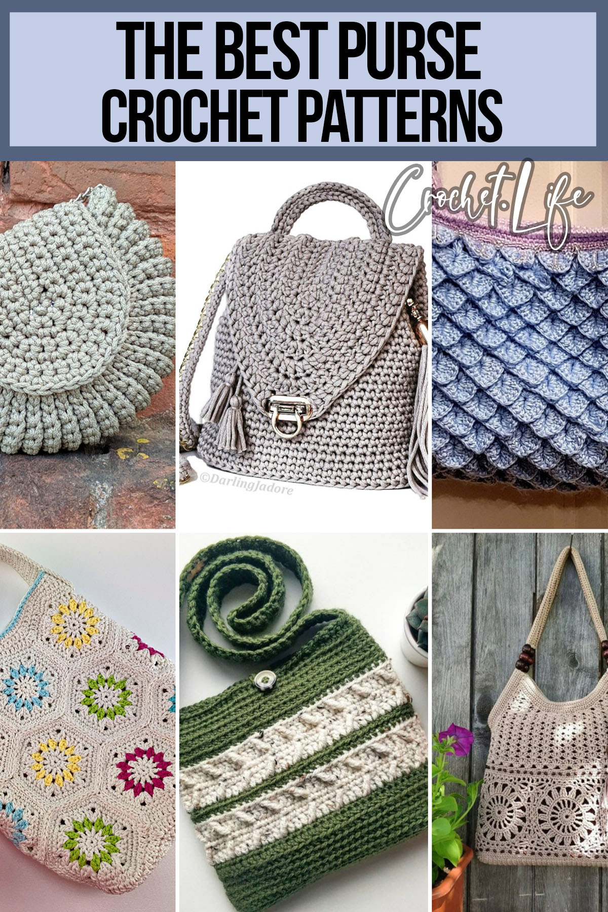 photo collage of crochet patterns for purses with text which reads the best purse crochet patterns