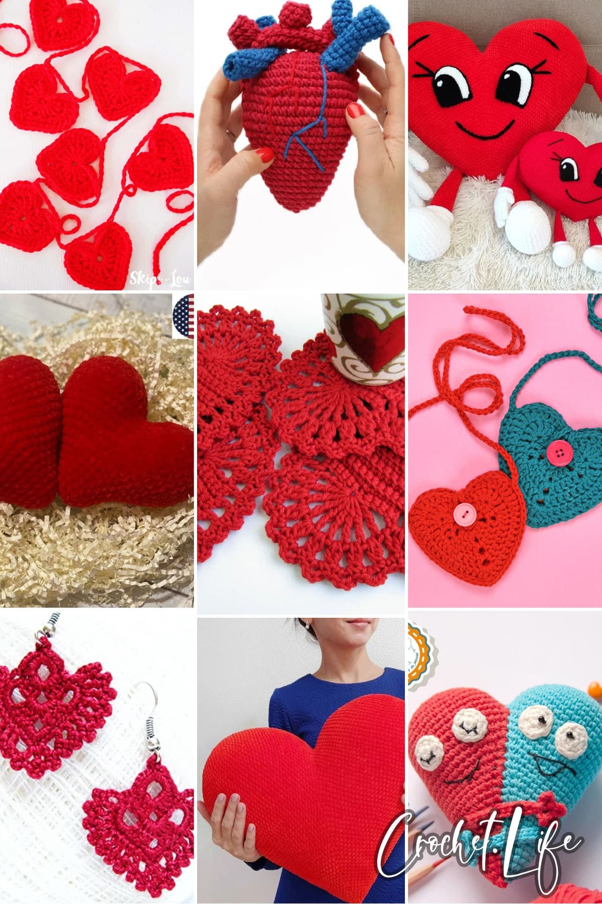 photo collage of crochet heart patterns