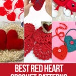 photo collage of red heart crochet patterns with text which reads the best red heart crochet patterns curated by crochet.life