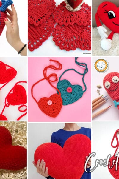 photo collage of red heart crochet patterns