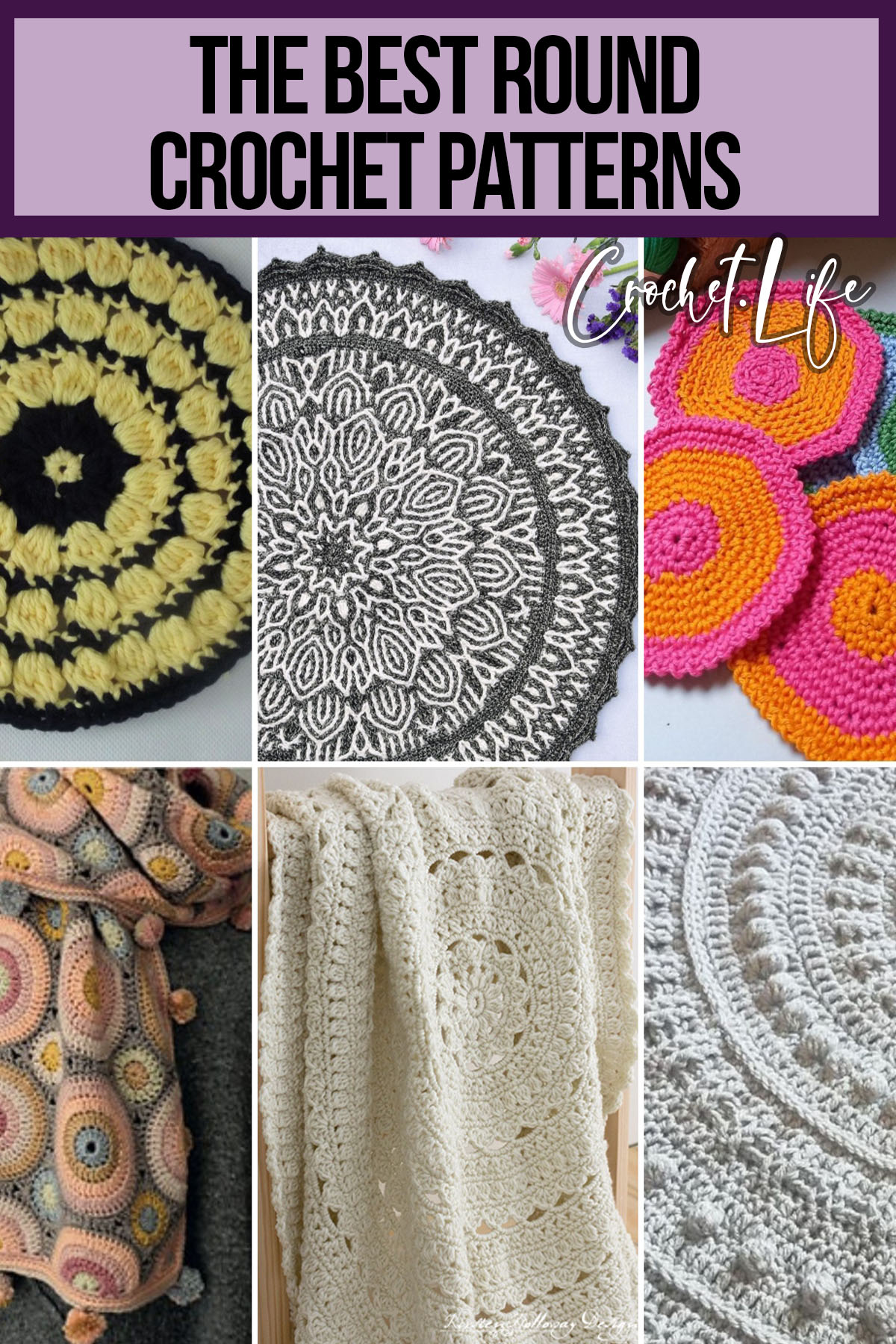 photo collage of crochet patterns for round projects with text which reads the best round crochet patterns