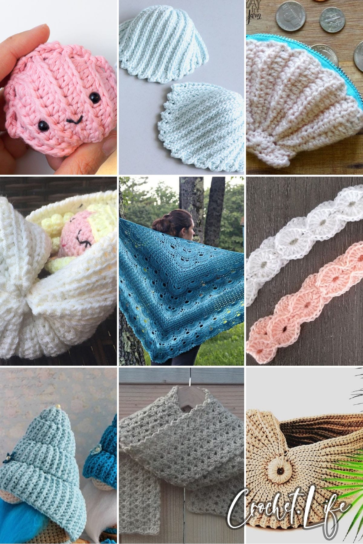 photo collage of crochet sea shell patterns 