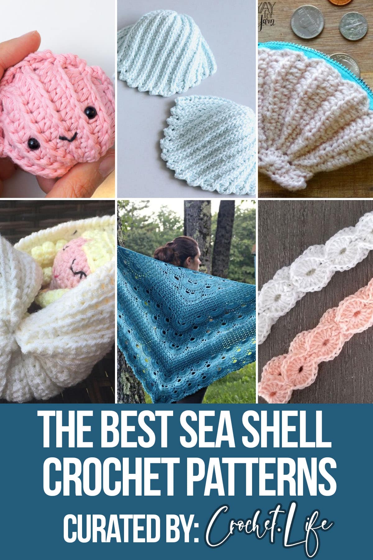 photo collage of beach crochet patterns with text which reads the best sea shell crochet patterns curated by crochet.life