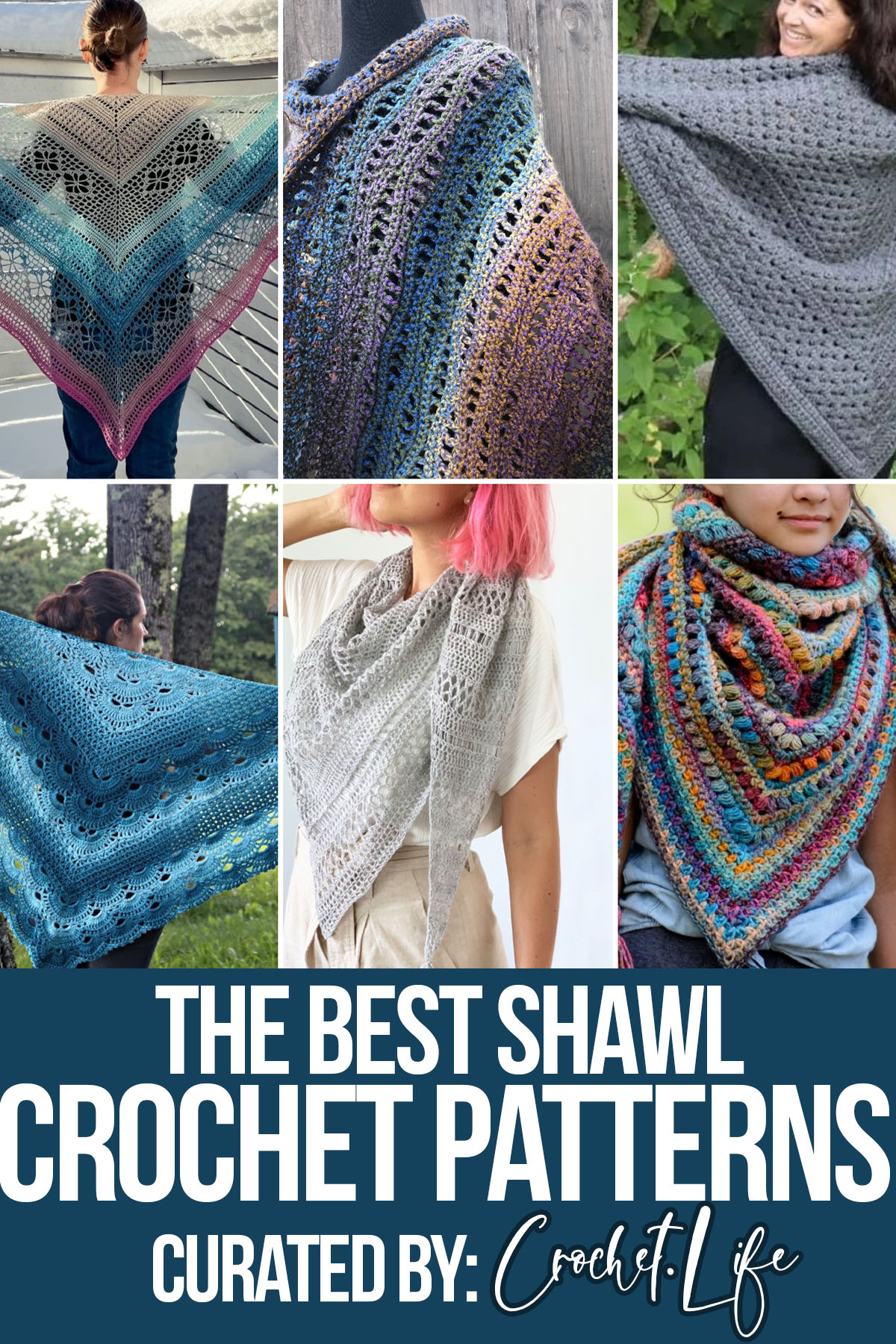 photo collage of crochet patterns for shawls with text which reads the best shawl crochet patterns curated by crochet.life